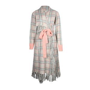 Chic Plaid Women's Cape with Fringe - Pink and Gray